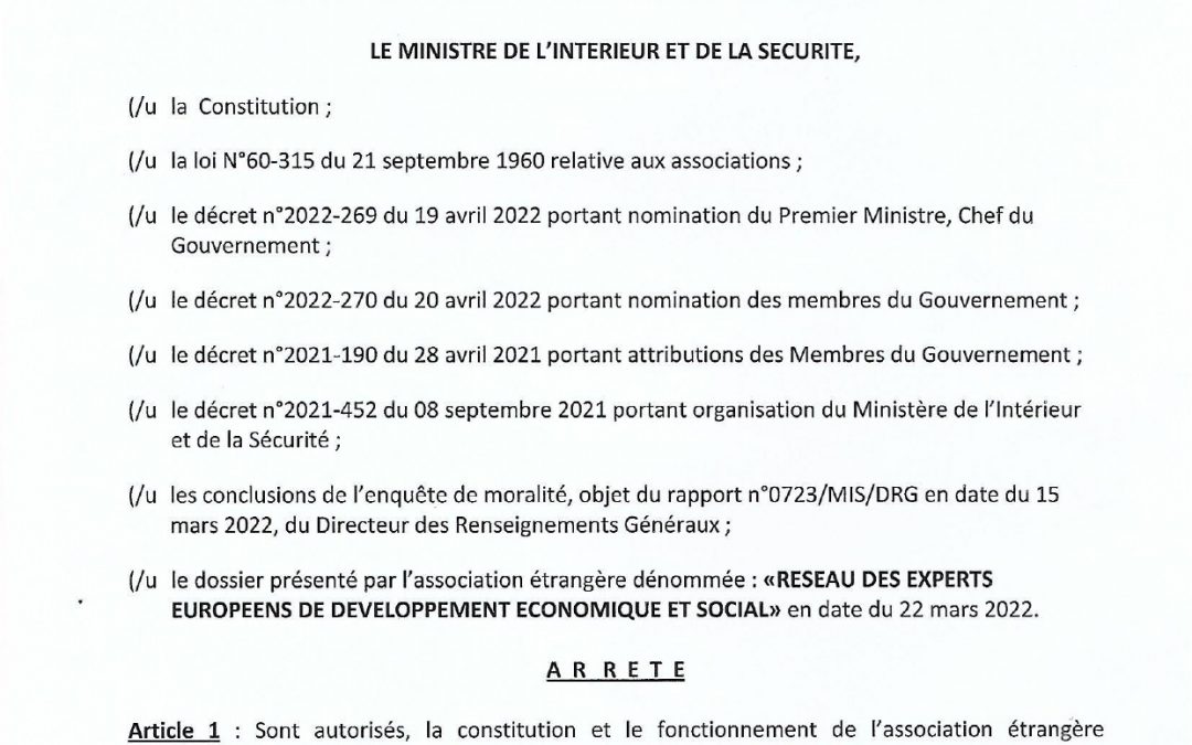 Arrete N° 1235 /Mis/dgat/dag/sdvaPortant autorisation et fonctionnement de l&rsquo;association etrangere denomme R.e.e.d.e.s.